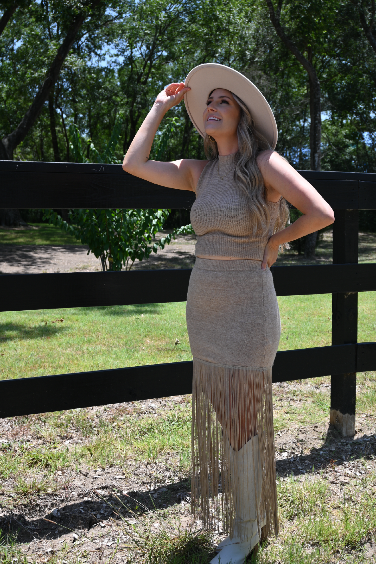 Model is showing the country Chic set paired with the ivory dakota MIA boots and ivory faux leatber band fedora hat.