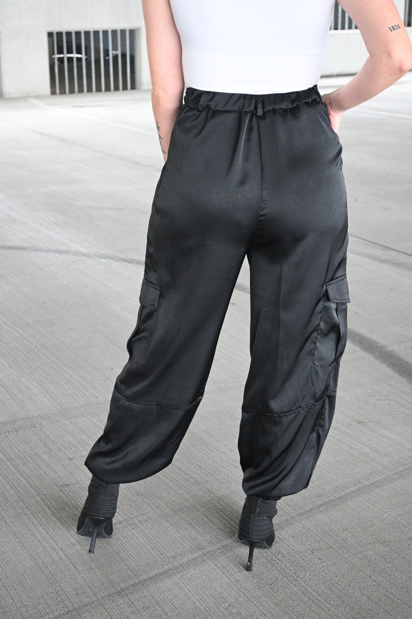 High Waisted Satin Cargo Pants