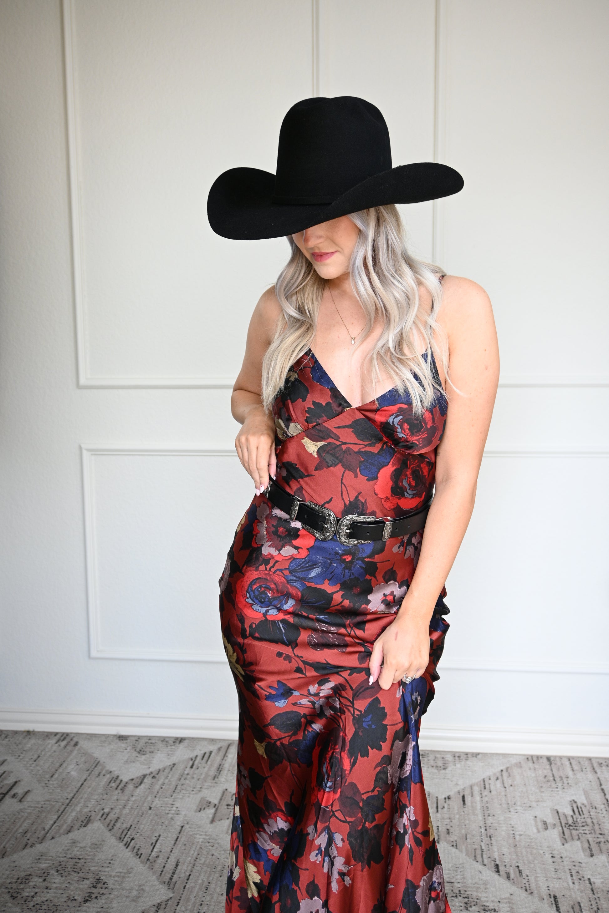 Red Floral Satin Midi Dress Red Floral Satin Midi Dress