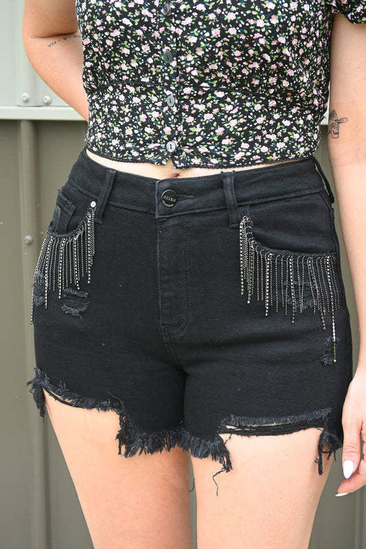 High Rise Rhinestone Denim Shorts