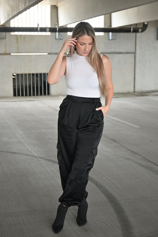 High Waisted Satin Cargo Pants