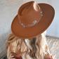 A photo of a back view of a woman wearing a tan fedora hat with a silver strap.