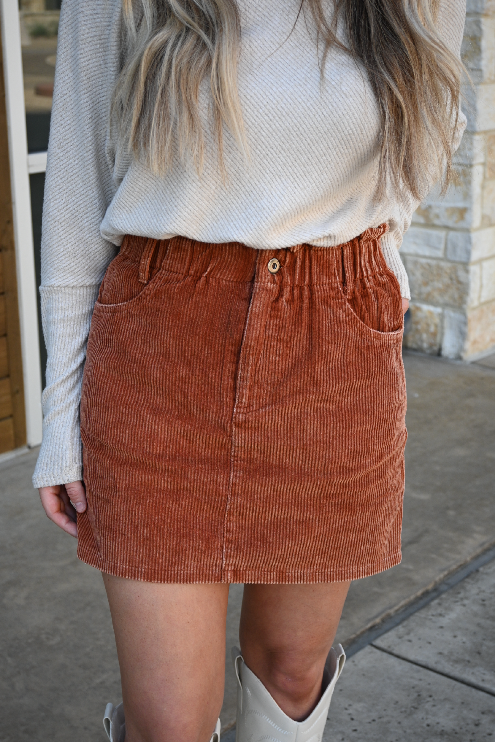 Washed Corduroy Paper Bag Skirt